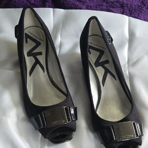 Anne Klein Sport Black Peep-Toe Heels with Metallic Bow Accent